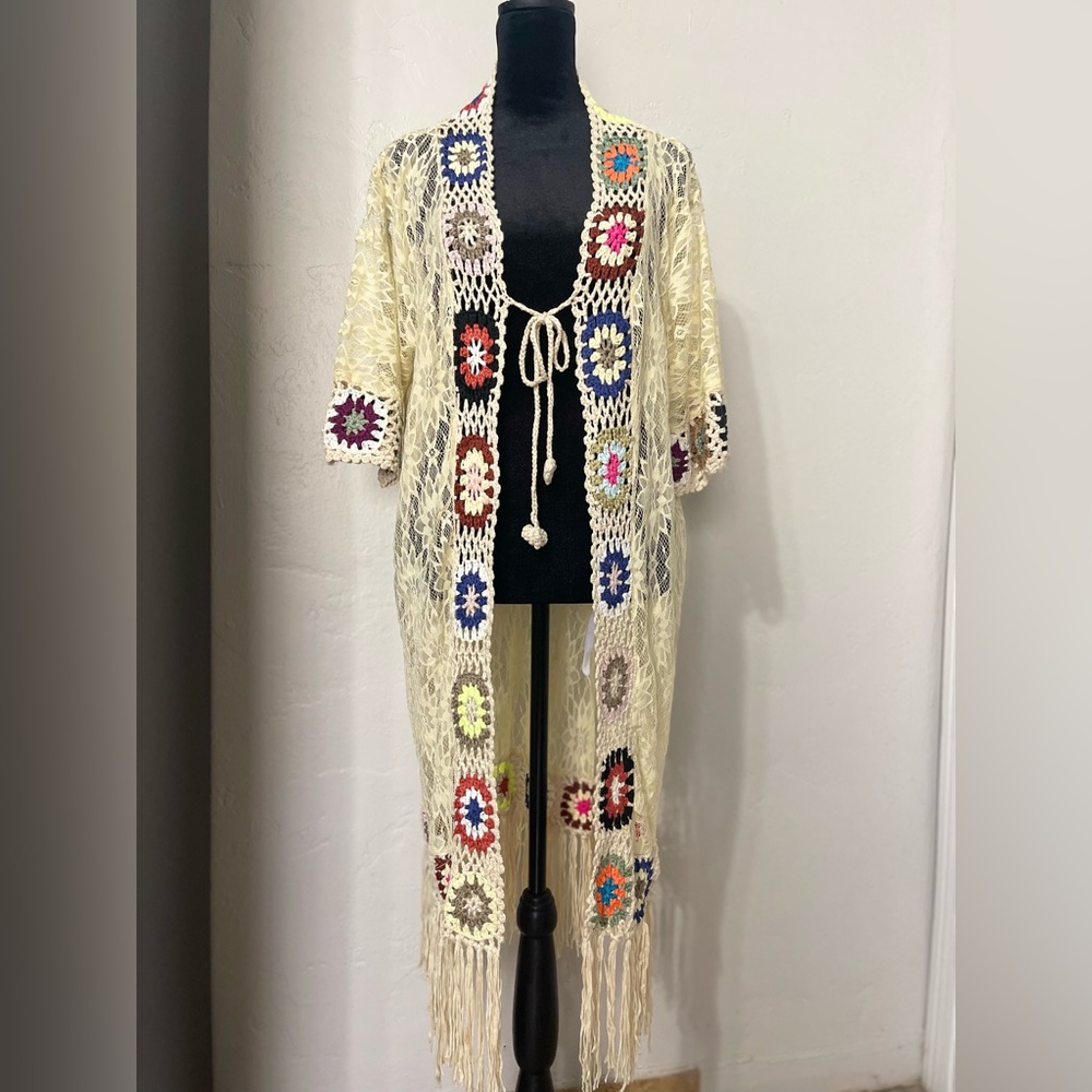 Crochet Fringe Kimono with Colorful Accents